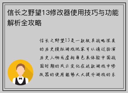 信长之野望13修改器使用技巧与功能解析全攻略