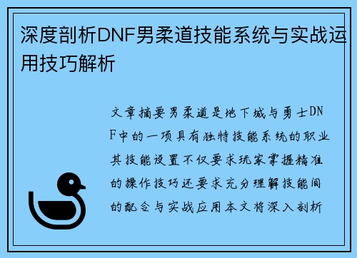深度剖析DNF男柔道技能系统与实战运用技巧解析